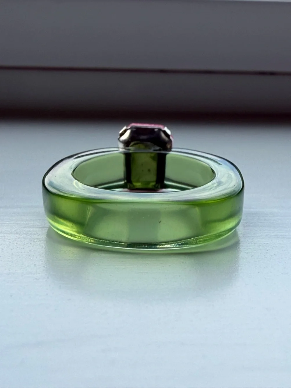 Transparent Green Resin Ring with Pink Emerald-Cut Crystal/Faux Gem - Size 6.5